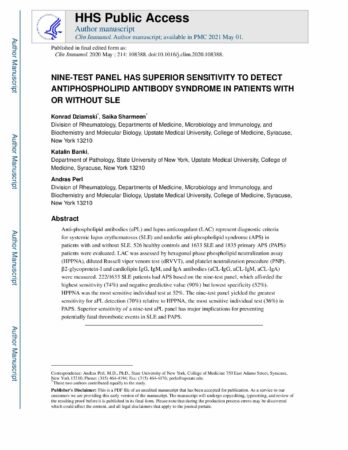 Nine test panel has superior sensitivity to detect antiphospholid antibody syndrome in patients with or without SLE