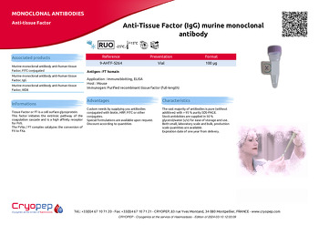 Product sheet Anti-Tissue Factor (IgG) murine monoclonal antibody