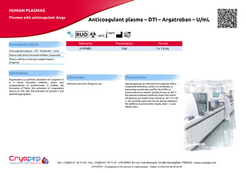 Product sheet Anticoagulant plasma – DTI – Argatroban – U/mL