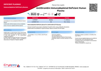 Product sheet Antithrombin Immunodepleted Deficient Human Plasma  