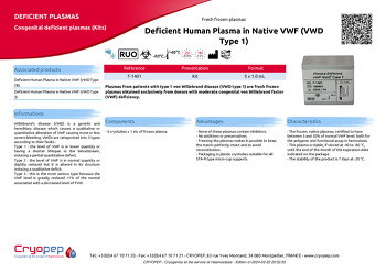Product sheet Deficient Human Plasma in Native VWF (VWD Type 1)