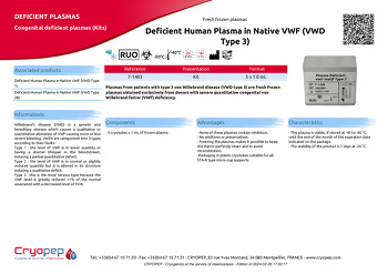Product sheet Deficient Human Plasma in Native VWF (VWD Type 3)