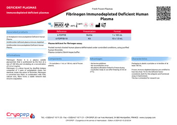 Product sheet Fibrinogen Immunodepleted Deficient Human Plasma 