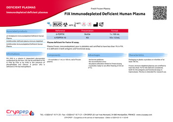 Product sheet FIX Immunodepleted Deficient Human Plasma