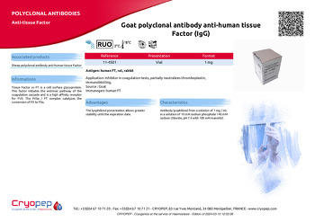 Product sheet Goat polyclonal antibody anti-human tissue Factor (IgG)