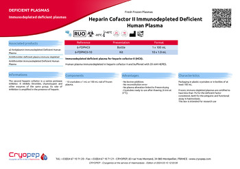 Product sheet Heparin Cofactor II Immunodepleted Deficient Human Plasma 