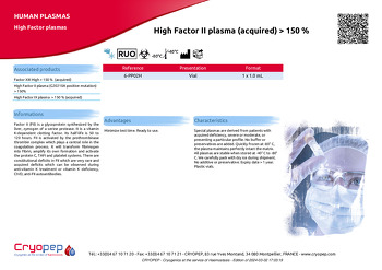 Product sheet High Factor II plasma (acquired) > 150 %