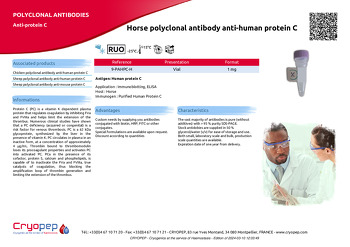 Product sheet Horse polyclonal antibody anti-human protein C