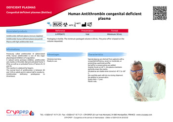 Product sheet Human Antithrombin congenital deficient plasma 