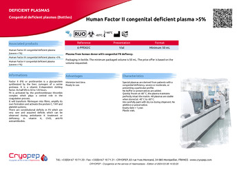Product sheet Human Factor II congenital deficient plasma >5%