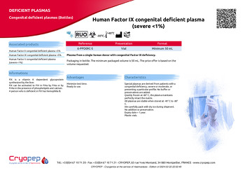 Product sheet Human Factor IX congenital deficient plasma (severe <1%)