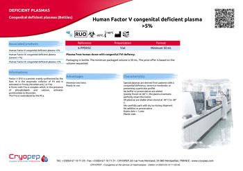 Product sheet Human Factor V congenital deficient plasma >5%