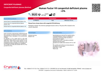 Product sheet Human Factor VII congenital deficient plasma >5%
