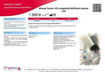 Product sheet Human Factor VIII congenital deficient plasma >5%