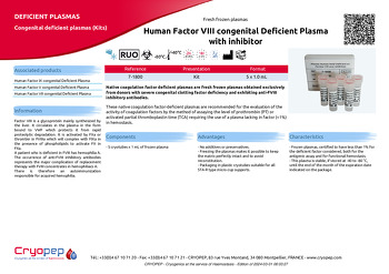 Product sheet Human Factor VIII congenital Deficient Plasma with inhibitor