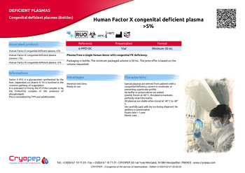 Product sheet Human Factor X congenital deficient plasma >5%
