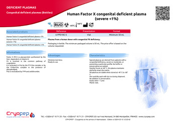 Product sheet Human Factor X congenital deficient plasma (severe <1%)