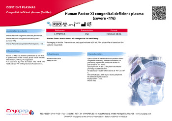 Product sheet Human Factor XI congenital deficient plasma (severe <1%)