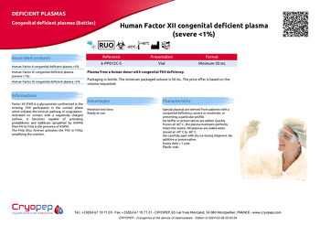 Product sheet Human Factor XII congenital deficient plasma (severe <1%)
