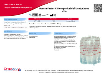 Product sheet Human Factor XIII congenital deficient plasma >5%