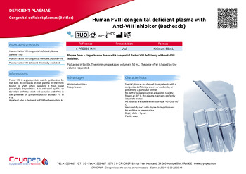 Product sheet Human FVIII congenital deficient plasma with Anti-VIII inhibitor (Bethesda)