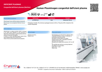 Product sheet Human Plasminogen congenital deficient plasma