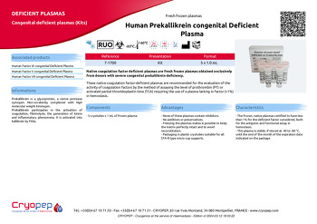 Product sheet Human Prekallikrein congenital Deficient Plasma