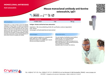 Product sheet Mouse monoclonal antibody anti-bovine osteocalcin, IgG1
