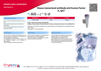 Product sheet Mouse monoclonal antibody anti-human Factor X, IgG1