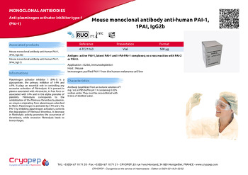 Product sheet Mouse monoclonal antibody anti-human PAI-1, 1PAI, IgG2b