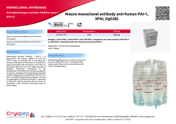 Product sheet Mouse monoclonal antibody anti-human PAI-1, 3PAI, (IgG2b)
