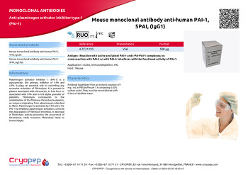 Product sheet Mouse monoclonal antibody anti-human PAI-1, 5PAI, (IgG1)