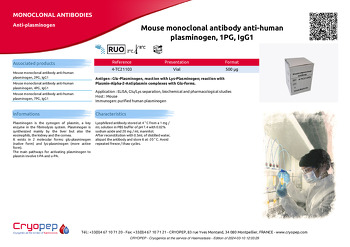 Product sheet Mouse monoclonal antibody anti-human plasminogen, 1PG, IgG1