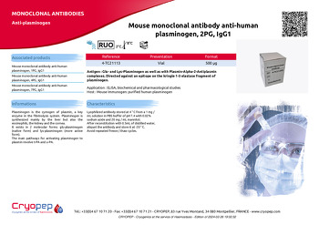 Product sheet Mouse monoclonal antibody anti-human plasminogen, 2PG, IgG1