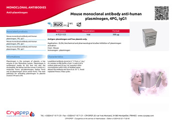 Product sheet Mouse monoclonal antibody anti-human plasminogen, 4PG, IgG1