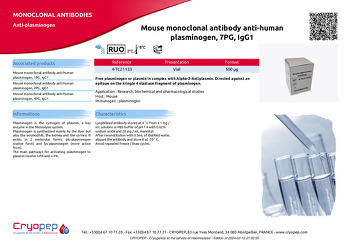 Product sheet Mouse monoclonal antibody anti-human plasminogen, 7PG, IgG1