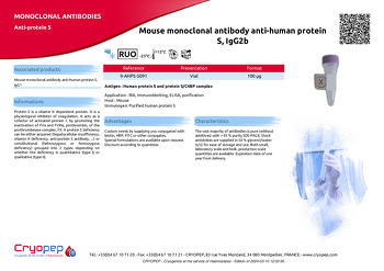 Product sheet Mouse monoclonal antibody anti-human protein S, IgG2b