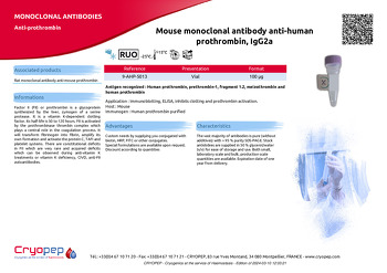 Product sheet Mouse monoclonal antibody anti-human prothrombin, IgG2a