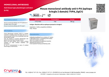 Product sheet Mouse monoclonal antibody anti-t-PA (epitope kringle 2 domain) 7VPA, (IgG1)