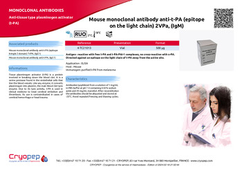 Product sheet Mouse monoclonal antibody anti-t-PA (epitope on the light chain) 2VPa, (IgM)