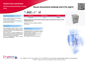 Product sheet Mouse monoclonal antibody anti-t-PA, (IgG1)
