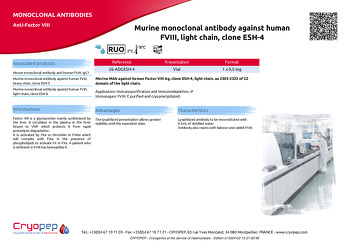 Product sheet Murine monoclonal antibody against human FVIII, light chain, clone ESH-4