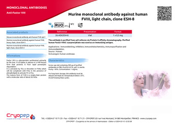Product sheet Murine monoclonal antibody against human FVIII, light chain, clone ESH-8