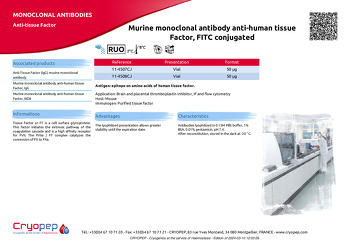 Product sheet Murine monoclonal antibody anti-human tissue Factor, FITC conjugated