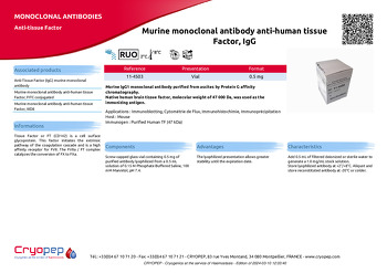 Product sheet Murine monoclonal antibody anti-human tissue Factor, IgG