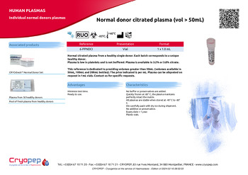 Product sheet Normal donor citrated plasma (vol > 50mL)