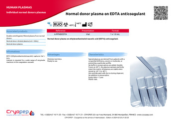 Product sheet Normal donor plasma on EDTA anticoagulant
