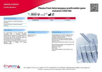 Product sheet Plasma from heterozygous prothrombin gene mutation G20210A