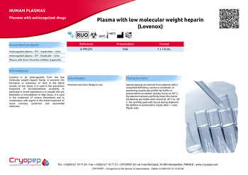 Product sheet Plasma with low molecular weight heparin (Lovenox)