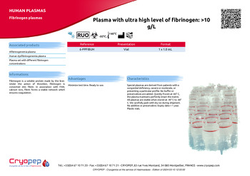 Product sheet Plasma with ultra high level of fibrinogen: >10 g/L